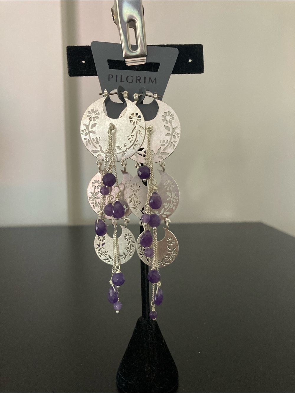 Pilgrim Silver-Tone Dangle Earrings with Purple Beads and Filigree Discs